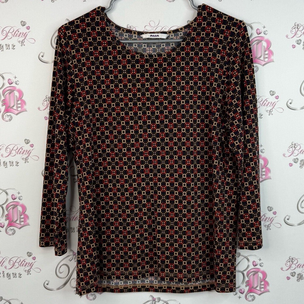Alia shirt gridlock, tan Black and Red Geometric Long Sleeve Top stretchy